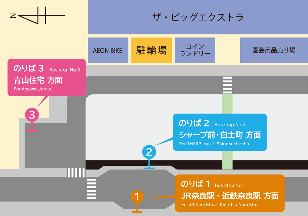 ザ・ビッグエクストラ大安寺店 駐輪場（5時～24時）
[19]・[79]・[85]・[86]・[135] 系統ほか　「大安寺」バス停すぐ