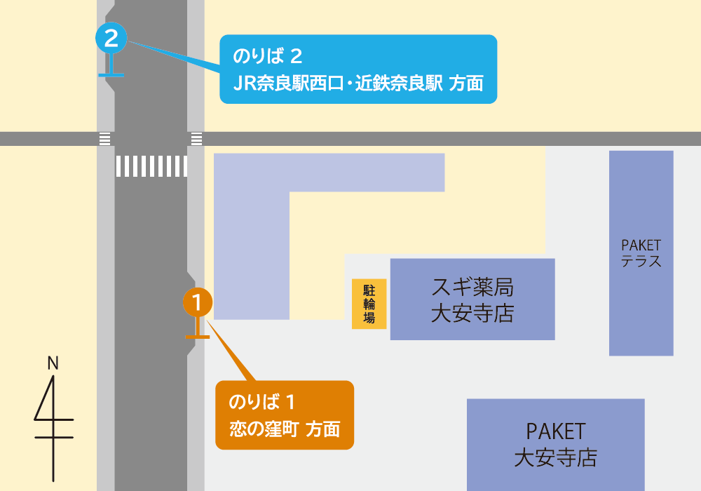 PAKETモール大安寺 駐輪場（6時～24時） 
※PAKET大安寺店、スギ薬局大安寺店が目印。
[28]系統　「柏木町」バス停すぐ