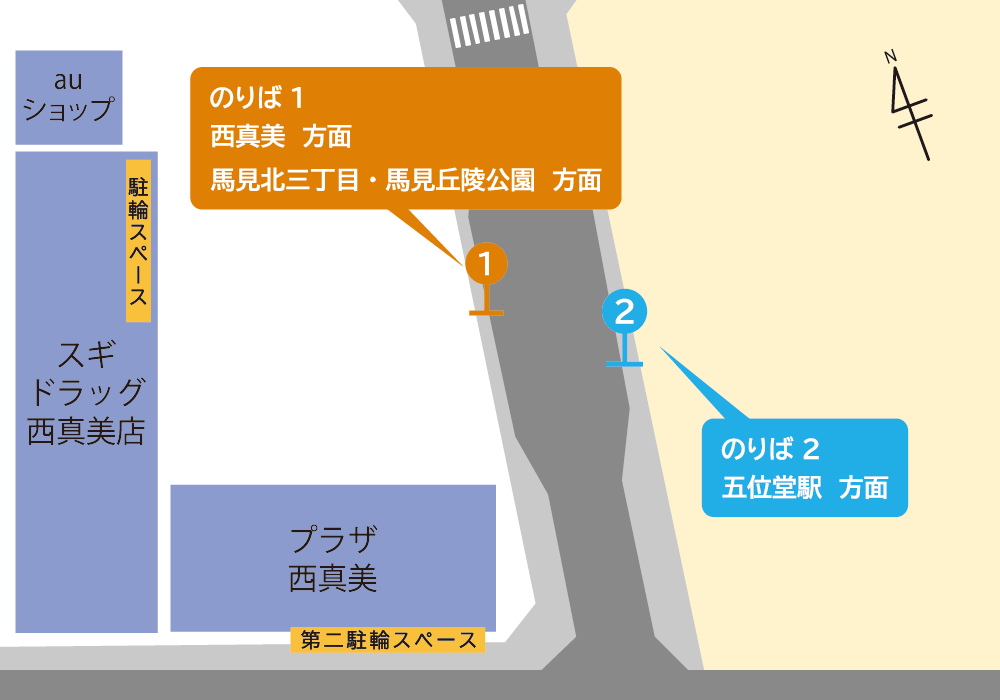 プラザ西真美 駐輪場
[31]・[43]・[45] 系統　「西真美三丁目」バス停すぐ
※スギドラッグ西真美店が目印です。