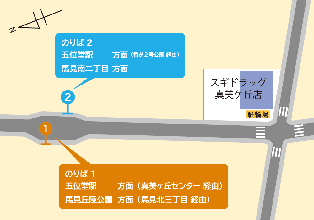 スギドラッグ真美ヶ丘店 駐輪場（6時～24時） ※最終バス発車後までご利用いただけます。
[33]・[35]・[36]・[37] 系統　「馬見南六丁目」バス停より約150m