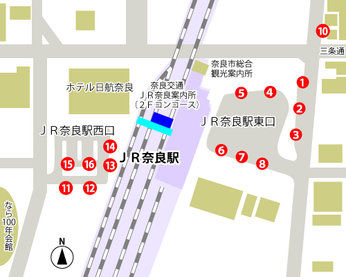 JR奈良駅(東口・西口) 乗り場の地図