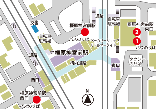 橿原神宮前駅(東口・中央口・西口) 乗り場の地図