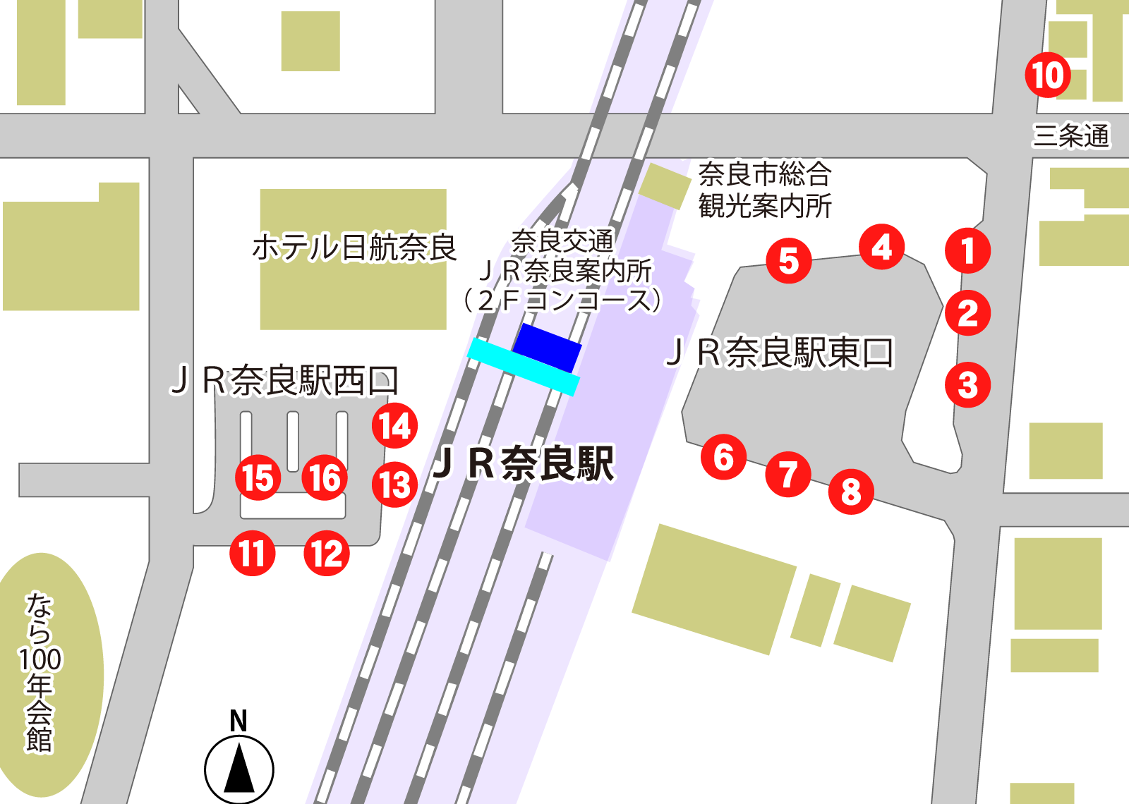 ＪＲ奈良駅（東口・西口） 乗り場の地図