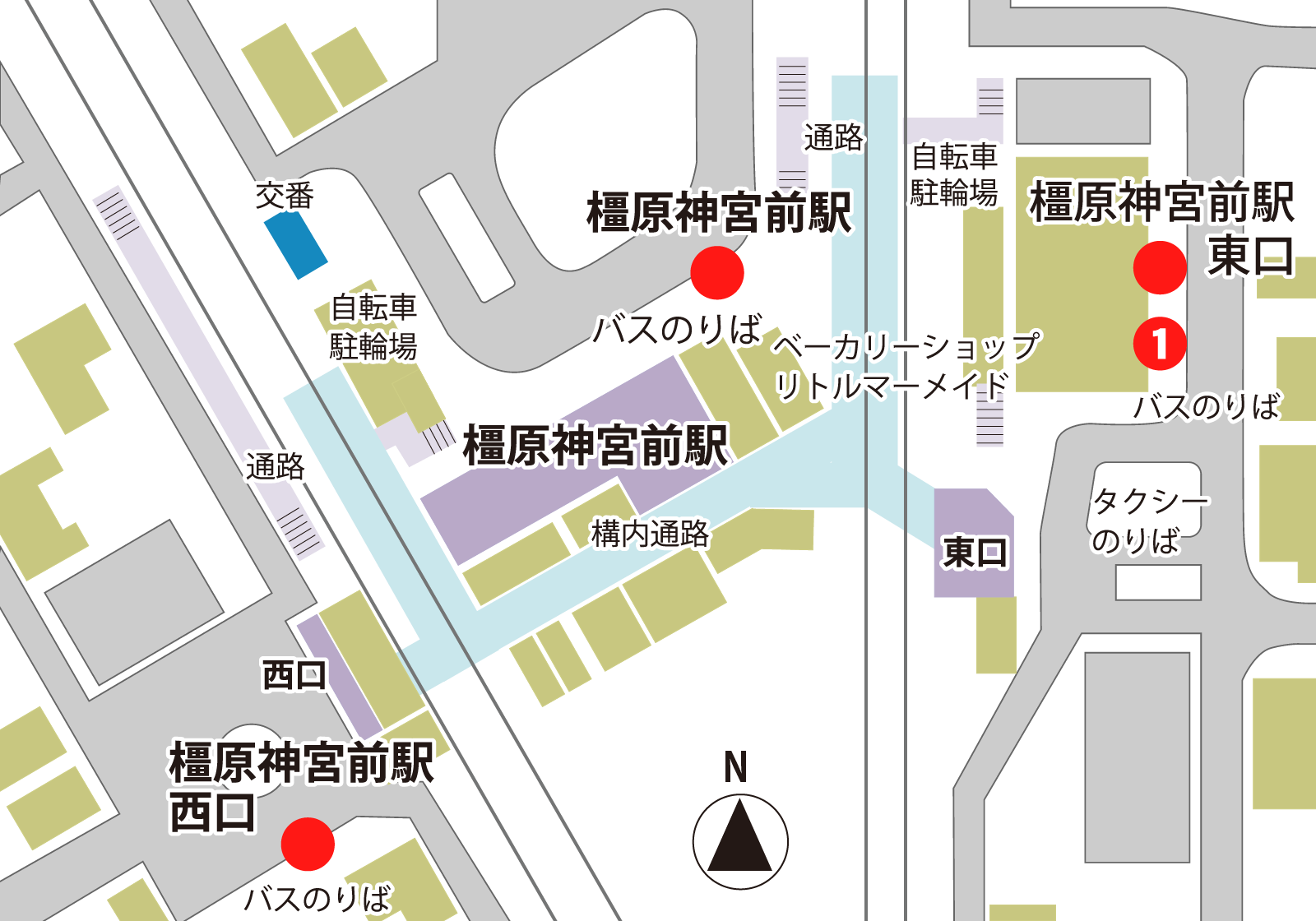 橿原神宮前駅（東口・中央口・西口） 乗り場の地図