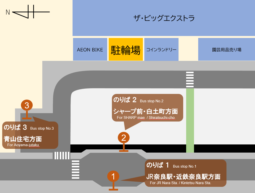 ザ・ビッグエクストラ大安寺店 駐輪場（5時～24時）
[19]・[79]・[85]・[86]・[135] 系統ほか　「大安寺」バス停すぐ